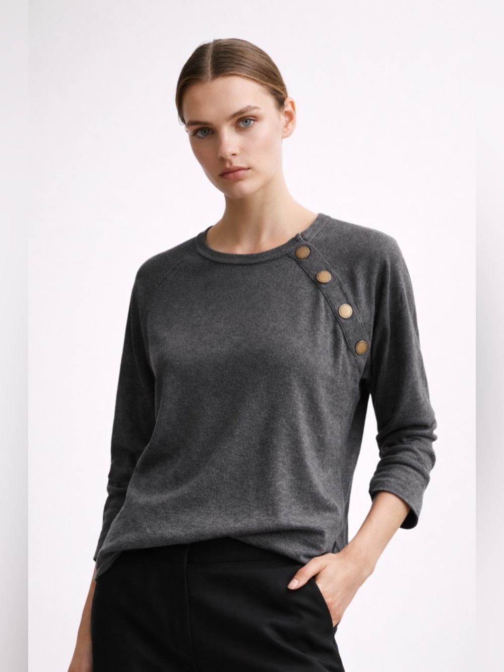 Ralph Lauren Jeans Co Gray Asymmetrical Button Long Sleeve Top Size L